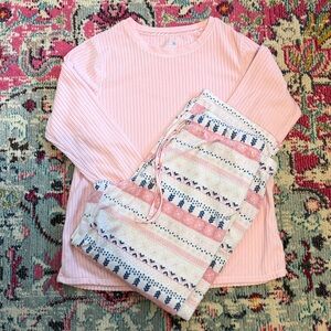 Croft Barrow Sleepwear Women 2 Piece Pajamas Set Rib Top Pink Fleece Flannel LG